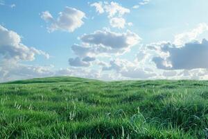 verde césped campo en pequeño colinas y azul cielo con nubes foto