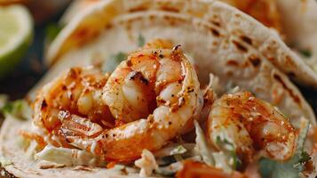 Delicious spicy shrimp taco with creamy cilantro slaw and lime. photo