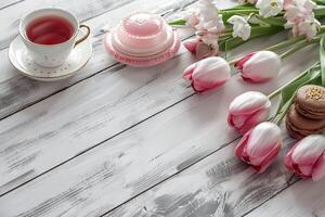 Spring decorations for special occasions with flowers and tea. photo