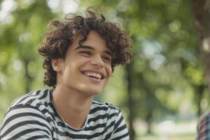 Young man with curly hair having picnic in park with friends. photo