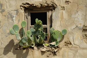 cactus plantas creciente cerca pared con ventana de antiguo casa en Mauritania África foto