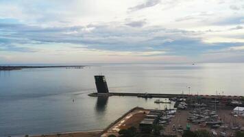 Aerial drone shot of VTS Vessel Traffic System tower Centre for Coordination and Control of Maritime Traffic and Safety of Lisbon. video