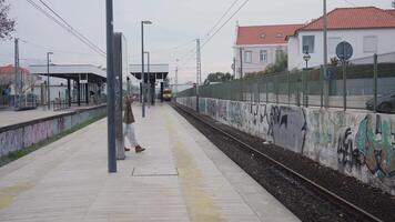 een Mens wandelen Aan de platform van een trein station video