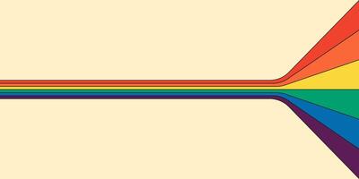 Retro rainbow color striped path horizontal banner. Geometric hippie rainbows perspective flow print. Vintage hippy abstract spectral iridescent stripes. Trendy minimalism y2k colorful pop art lines vector