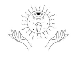 Spirituality celestial crystal and eye in summer solstice sun levitate over woman hands. Mystic equinox holiday linear symbol. Esoteric tattoo or logo outline sketch. Boho style summertime sign vector