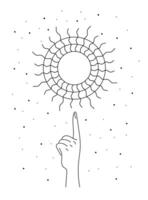 Mystic celestial summer solstice sun rays sign levitate over woman hand. Spirituality equinox holiday linear symbol. Esoteric tattoo or logo outline sketch. Boho style summertime eps logotype vector