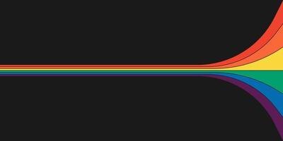 Retro rainbow color striped path horizontal banner. Graphic rainbows perspective flow cover. Vintage hippy abstract spectral iridescent lines. Trendy modern simple disco style y2k colorful pop art eps vector