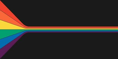Retro rainbow color striped path horizontal banner. Geometric hippie rainbows perspective flow print. Vintage hippy abstract spectral iridescent stripes. Trendy minimalism y2k colorful pop art. Eps vector