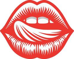 Beautiful girl lips with tongue and teeth. Female lips lipstick kiss for valentine day and love illustration. vector