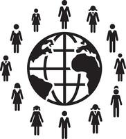 Group of people standing around the globe. People gathering icon in trendy flat style. Office Crowd silhouette signs for infographics. vector