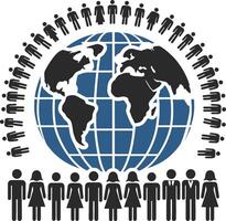 People standing around globe. People gathering icon in trendy flat style. Office Crowd silhouette signs for infographics. vector