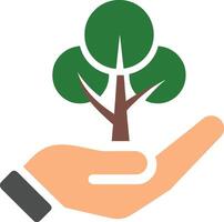 Human hand holds a small green tree illustration. vector
