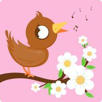 Happy bird singing on a blossoming tree branch with white flowers. A cute bird singing in springtime. vector