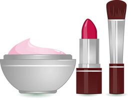 belleza hacer arriba y productos cosméticos productos colocar. un lápiz labial, un sonrojo cepillo y un envase de hidratante crema. vector