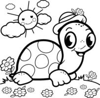 contento Tortuga mascota personaje. un dibujos animados Tortuga en el jardín. negro y blanco colorante página. vector