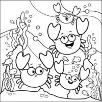 Cartoon sea animals underwater. Crabs and fish swimming under the sea. Black and white coloring page. vector