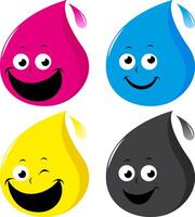 A set of cartoon ink drops in cyan, magenta, yellow and black colors. Cartoon paint characters in CMYK. vector