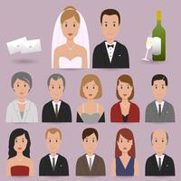 Wedding shower set with bride, groom and wedding guests. Wedding reception. vector