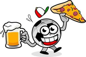 Cartoon soccer ball serving a cold beer and a slice of pizza. Beer and pizza delivery at soccer game. vector