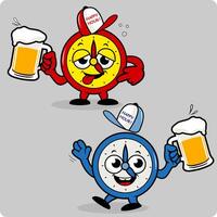 Drunk cartoon alarm clocks serving beer. Happy hour characters at the pub drinking beer alcohol. vector