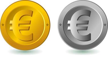 European currency symbols on white background. Silver and gold Euro coins. vector
