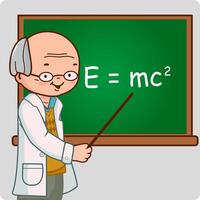 Cartoon physics professor. A senior science professor teaching in the classroom in front of a blackboard. vector