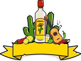 Cinco de Mayo Mexican party banner. Blank border banner decorated with a bottle of tequila drink, Mexican music guitar, cactus, lime and chili peppers. vector