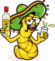 Mexican cartoon tequila worm with sombrero hat drink a shot of tequila drink. A cartoon drunk tequila worm holding a bottle of tequila and drinking at a Cinco de Mayo party. vector