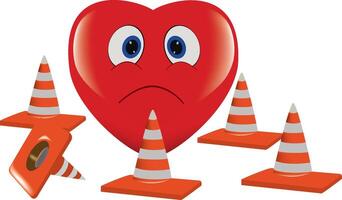 Cartoon heart with sad expression surrounded by cones vector