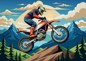 sportsman on motocross motorcycle in the mountains while doing a stunt jump- vector