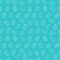 Seamless pattern of white Easter eggs with hand-drawn details. Continuous one line drawing. Isolated on blue backdrop. Festive design. For Easter decoration, wrapping paper, greeting, textile, print vector