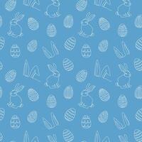 Seamless pattern of hand-drawn rabbits, ears, Easter eggs. Festive Easter bunnies design. Continuous line art. Isolated on blue backdrop. Easter decoration, wrapping paper, greeting, textile, print vector