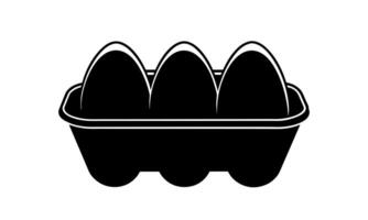 Egg carton with eggs. Black silhouette. Black and white egg box graphic illustration. Icon, sign, pictogram. Concept of food storage, kitchen essentials, grocery. Isolated on white background. vector