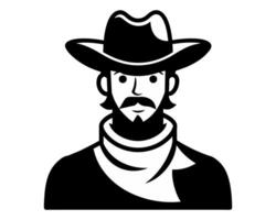 illustration of a cowboy with a beard. Stylized portrait of man in hat in black and white. Isolated on white backdrop. Concept of American West, rugged look, and heritage fashion. vector