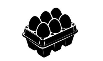 Egg carton with eggs. Black silhouette. Black and white egg box graphic illustration. Icon, sign, pictogram. Concept of food storage, kitchen essentials, grocery items. Isolated on white surface vector