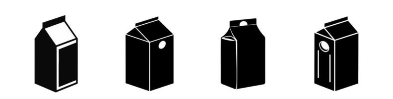 Set of Black silhouettes of milk cartons or juice cartons. Minimalist black and white design of dairy or beverage containers. Icon, logo, sign, pictogram, print. Isolated on white background. Packing vector