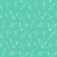 Seamless pattern with Christian symbols. Continuous one line drawing of crosses, doves, floral elements on green background. Concept of Easter, religious, peace. Wrapping paper, textile, print vector