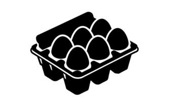 Egg carton with eggs. Black silhouette. Black and white egg box graphic illustration. Icon, sign, pictogram. Concept of food storage, kitchen essentials, grocery. Isolated on white backdrop vector