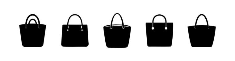 Set of Black tote bags. Silhouette. Illustration. Monochrome shopping bags. Icons. Minimalist design. Logo, print. Concept of reusable bags, eco-friendly shopping. Isolated on white background vector