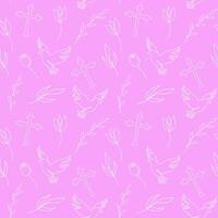 Seamless pattern with Christian symbols. Continuous one line drawing of crosses, doves, floral elements on pink background. Concept of Easter, religious, peace. Wrapping paper, textile, print vector
