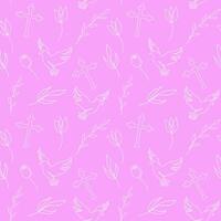 Seamless pattern with Christian symbols. Continuous one line drawing of crosses, doves, floral elements on pink background. Concept of Easter, religious, peace. Wrapping paper, textile, print vector