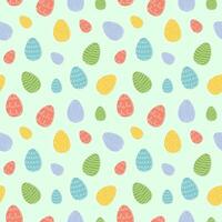 Seamless pattern of colorful Easter eggs with hand-drawn details. Continuous one line drawing. Isolated on green background. Festive design. Easter decoration, wrapping paper, greeting, textile, print vector