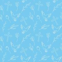 Seamless pattern with Christian symbols. Continuous one line drawing of crosses, doves, floral elements on blue background. Concept of Easter, religious, peace. Wrapping paper, textile, print vector