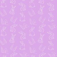 Seamless pattern of hand-drawn rabbits and ears. Festive Easter bunnies design. Continuous one line drawing. Isolated on pink backdrop. For Easter decoration, wrapping paper, greeting, textile, print vector