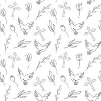 Seamless pattern with Christian symbols. Continuous one line drawing of crosses, doves, floral elements on white background. Concept of Easter, religious, peace. Blak and white vector