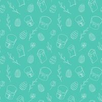 Seamless pattern of Easter eggs, Easter Kulich cakes and floral elements. Continuous one line drawing. Green backdrop. Festive design. Easter decoration, wrapping paper, greeting, textile, print vector