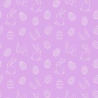 Seamless pattern of hand-drawn rabbits, ears, Easter eggs. Festive Easter bunnies design. Continuous line art. Isolated on pink backdrop. Easter decoration, wrapping paper, greeting, textile, print vector