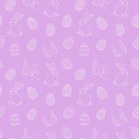 Seamless pattern of hand-drawn rabbits, ears, Easter eggs. Festive Easter bunnies design. Continuous line art. Isolated on pink backdrop. Easter decoration, wrapping paper, greeting, textile, print vector