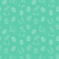 Seamless pattern of hand-drawn rabbits, ears, Easter eggs. Festive Easter bunnies design. Continuous line art. Isolated on green backdrop. Easter decoration, wrapping paper, greeting, textile, print vector