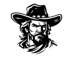 illustration of a cowboy with a beard. Stylized portrait of man in hat in black and white. Isolated on white background. Concept of American West, rugged look, and heritage fashion. vector